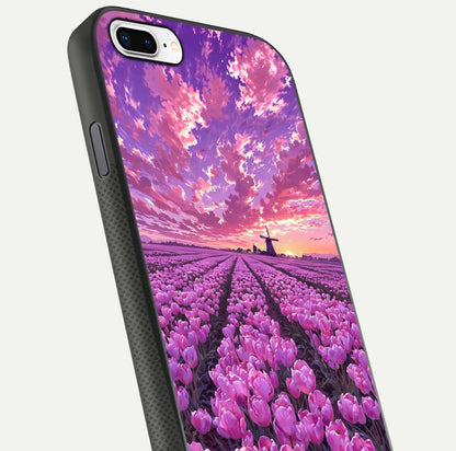 Lavender Dream Skies Glass Case for iPhone 7 Plus close-up angled shot showing purple hues and soft reflection