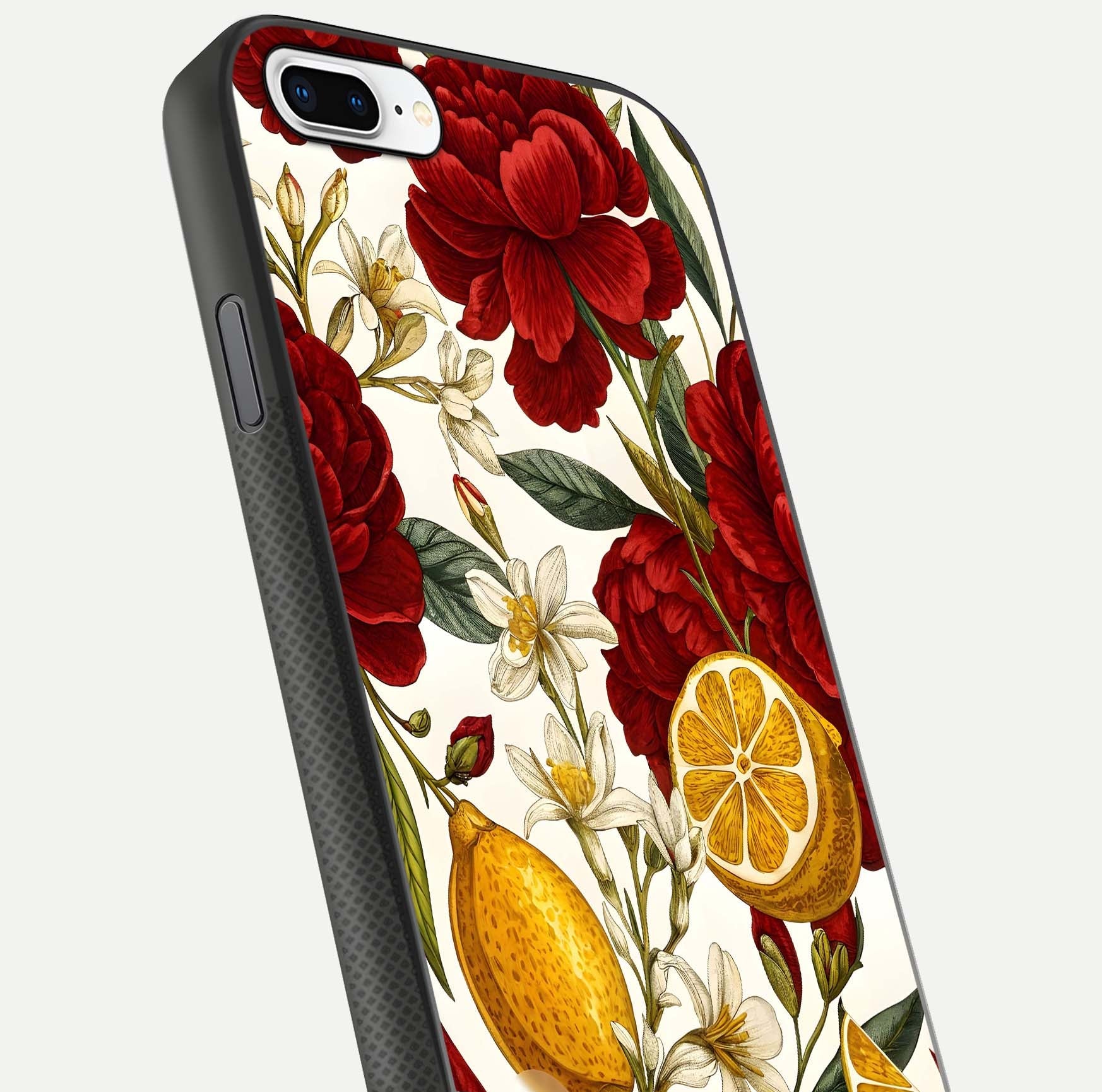 Lemon Rose Charm Glass Case for iPhone 7 Plus angled close-up showing vivid rose details and HD glass reflection