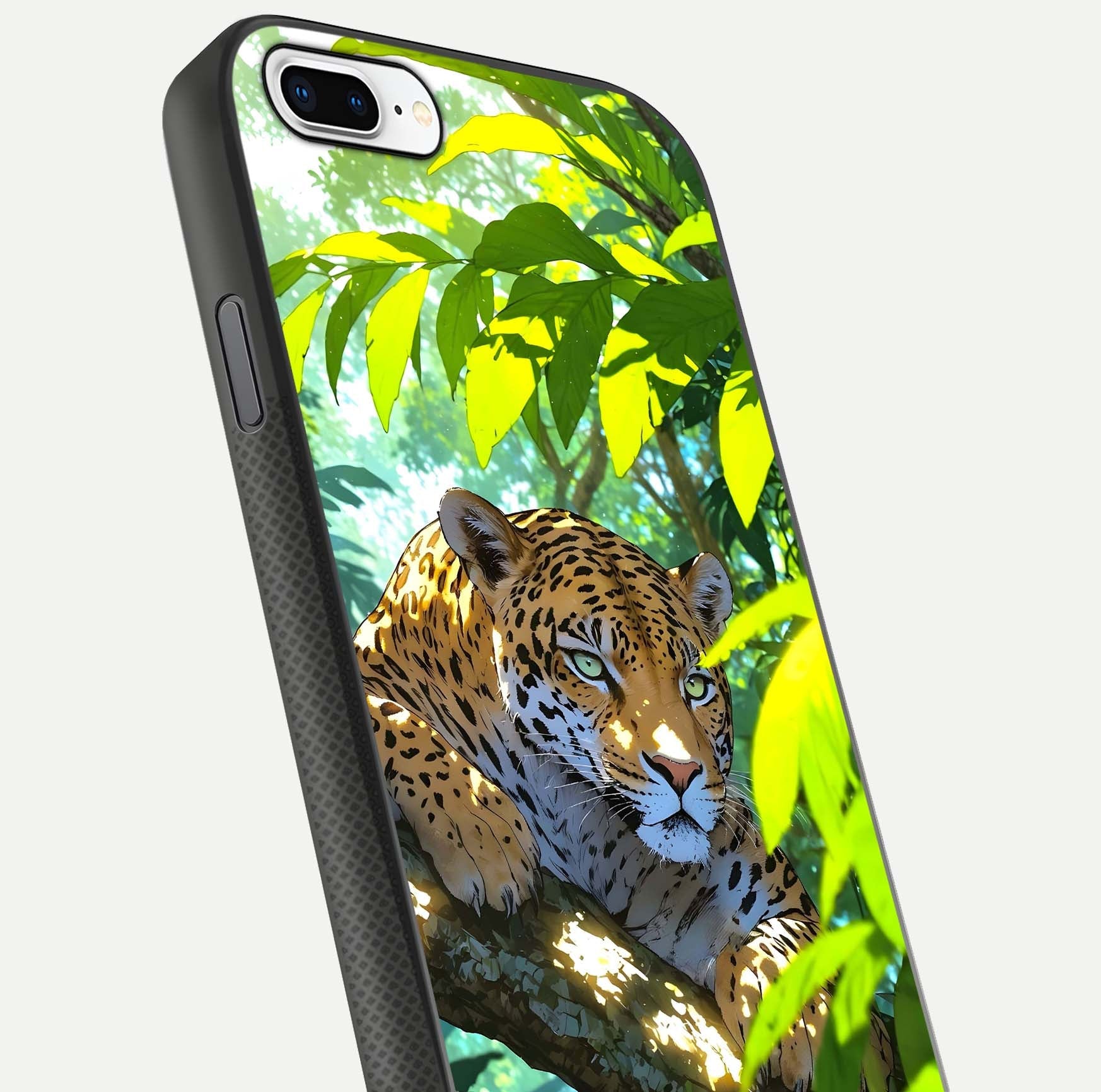 Leopard in Jungle Glass Case for iPhone 7 Plus angled close-up showing fur texture and glossy shine reflection