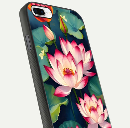 Lotus Dream Serenity Glass Case for iPhone 7 Plus close-up angled shot showing floral details and soft shine