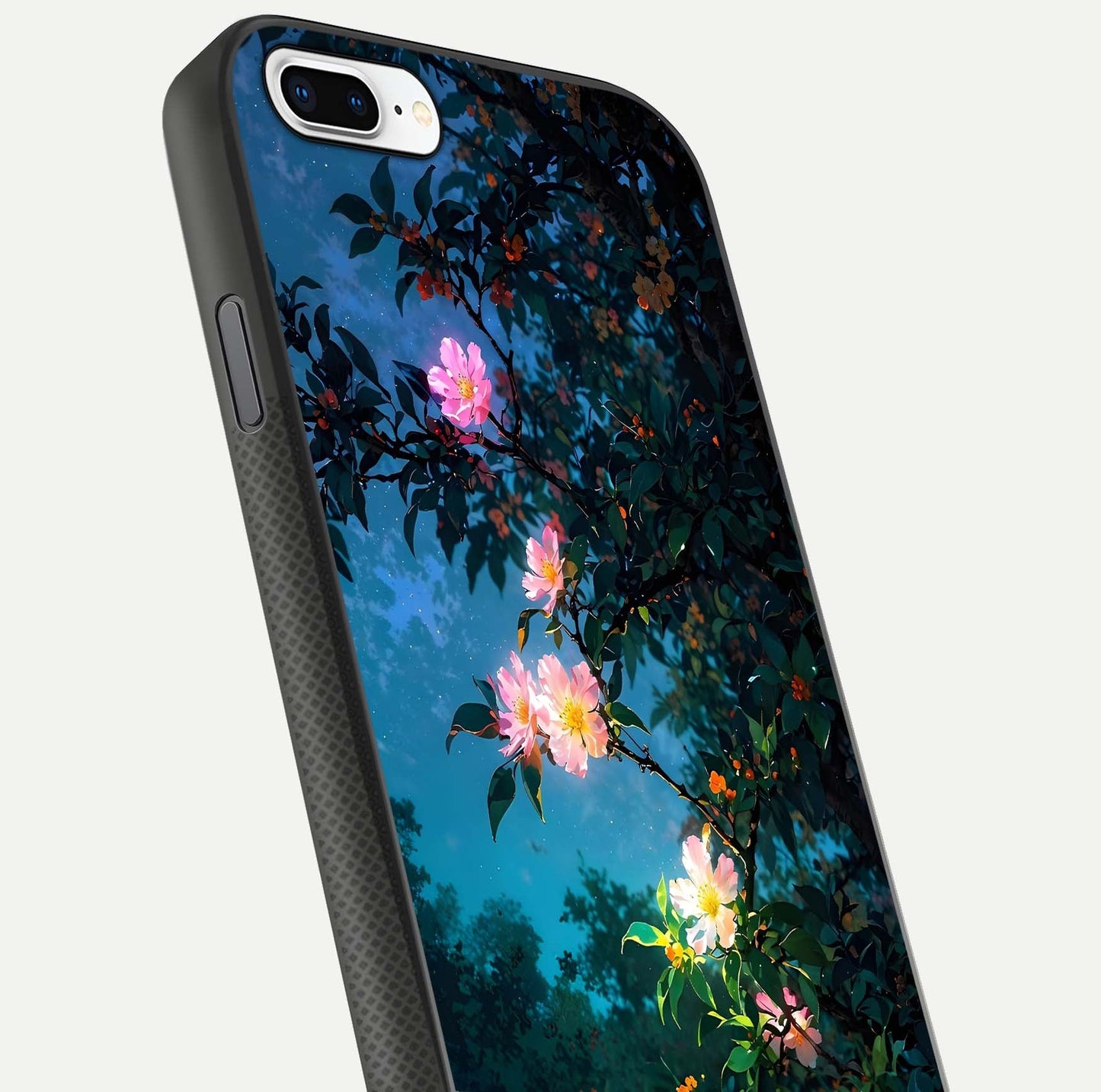 Midnight Bloom Glow Glass Case for iPhone 7 Plus close-up angled shot showing petal highlights and glow reflection