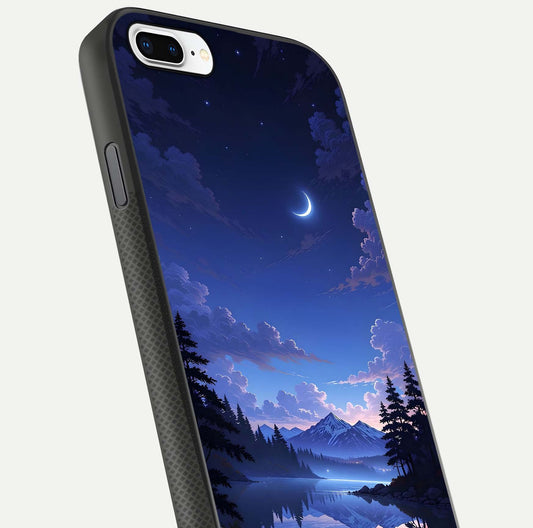 Midnight Lake Peace Glass Case for iPhone 7 Plus close-up angled shot showing blue night tones and reflection