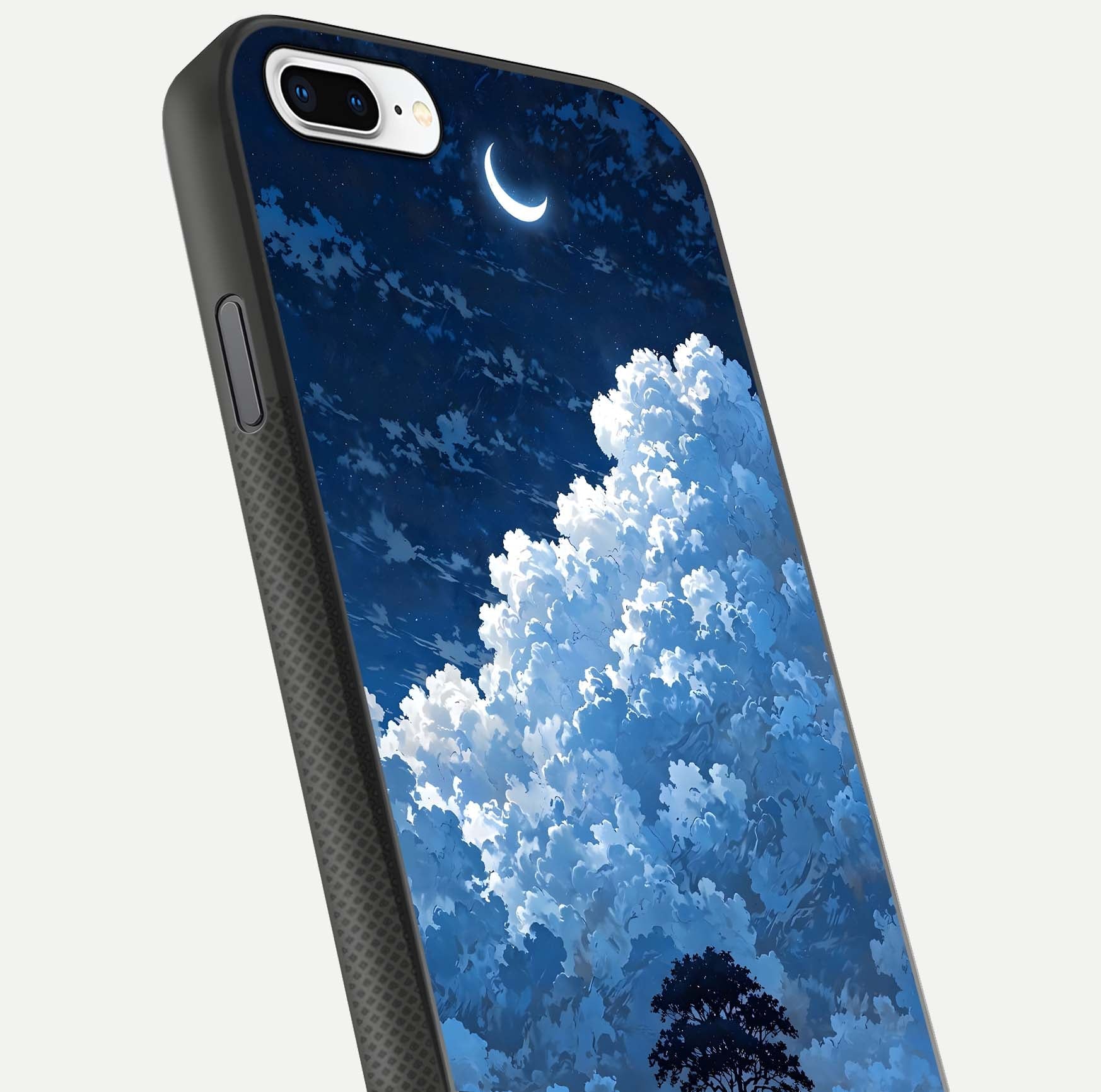 Midnight Sky Serenity Glass Case for iPhone 7 Plus close-up angled shot showing starlit tones and reflection
