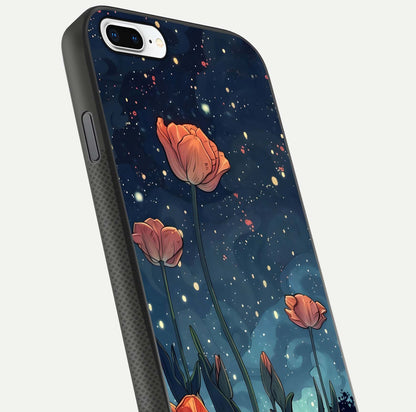 Midnight Tulip Glow Glass Case for iPhone 7 Plus close-up angled shot showing petal details and reflection glow