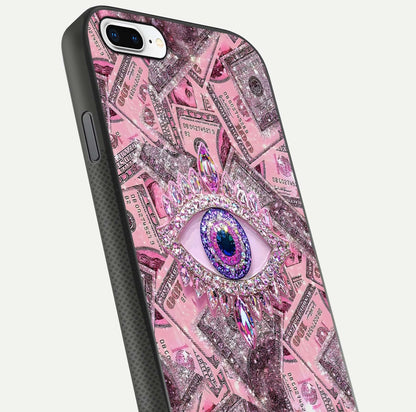 Money Eye Luxe Glass Case for iPhone 7 Plus close-up angled shot showing gold detailing and reflection shine