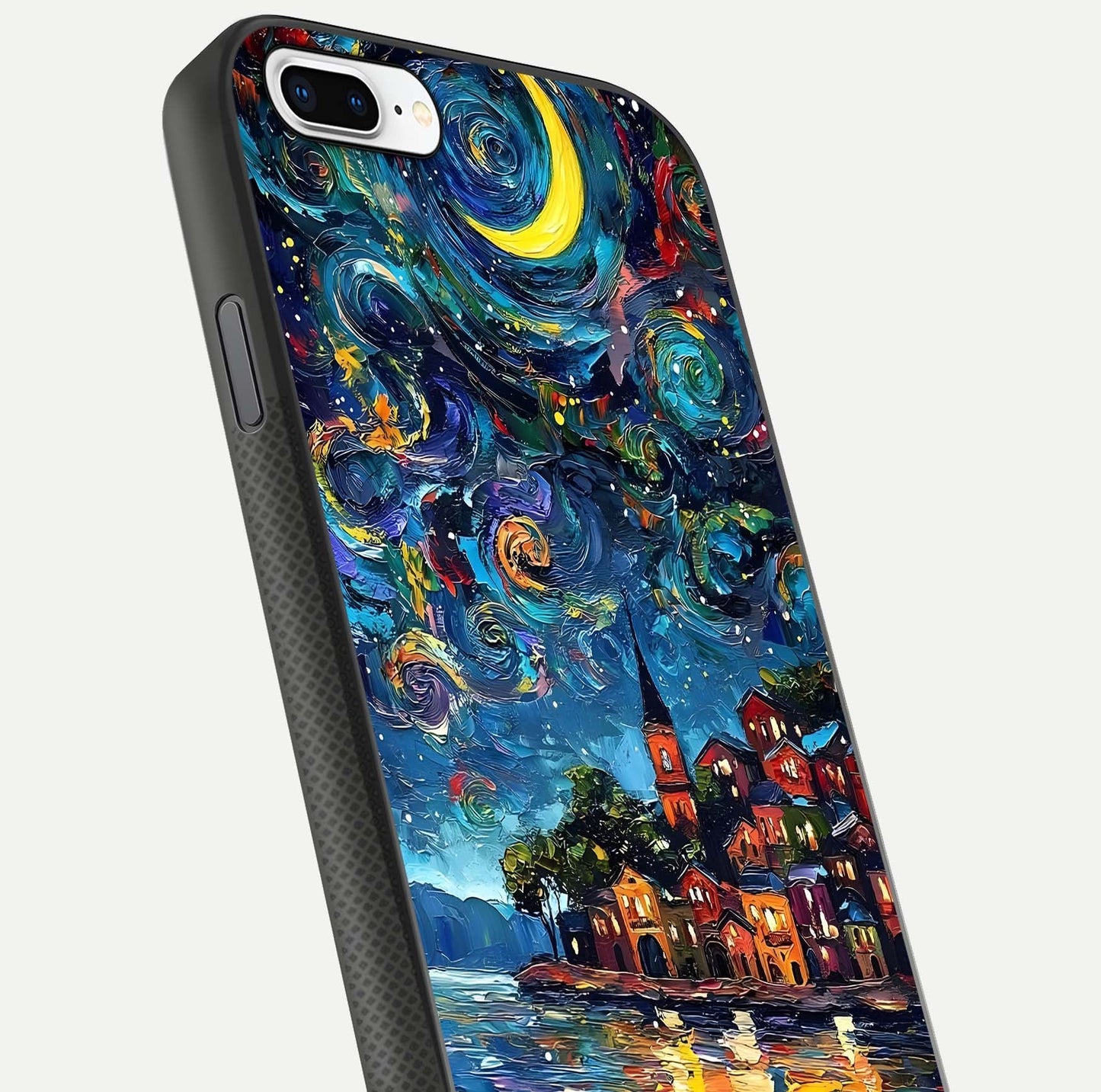 Moonlight Harbor Glow Glass Case for iPhone 7 Plus close-up angled shot showing reflection and moonlight glow
