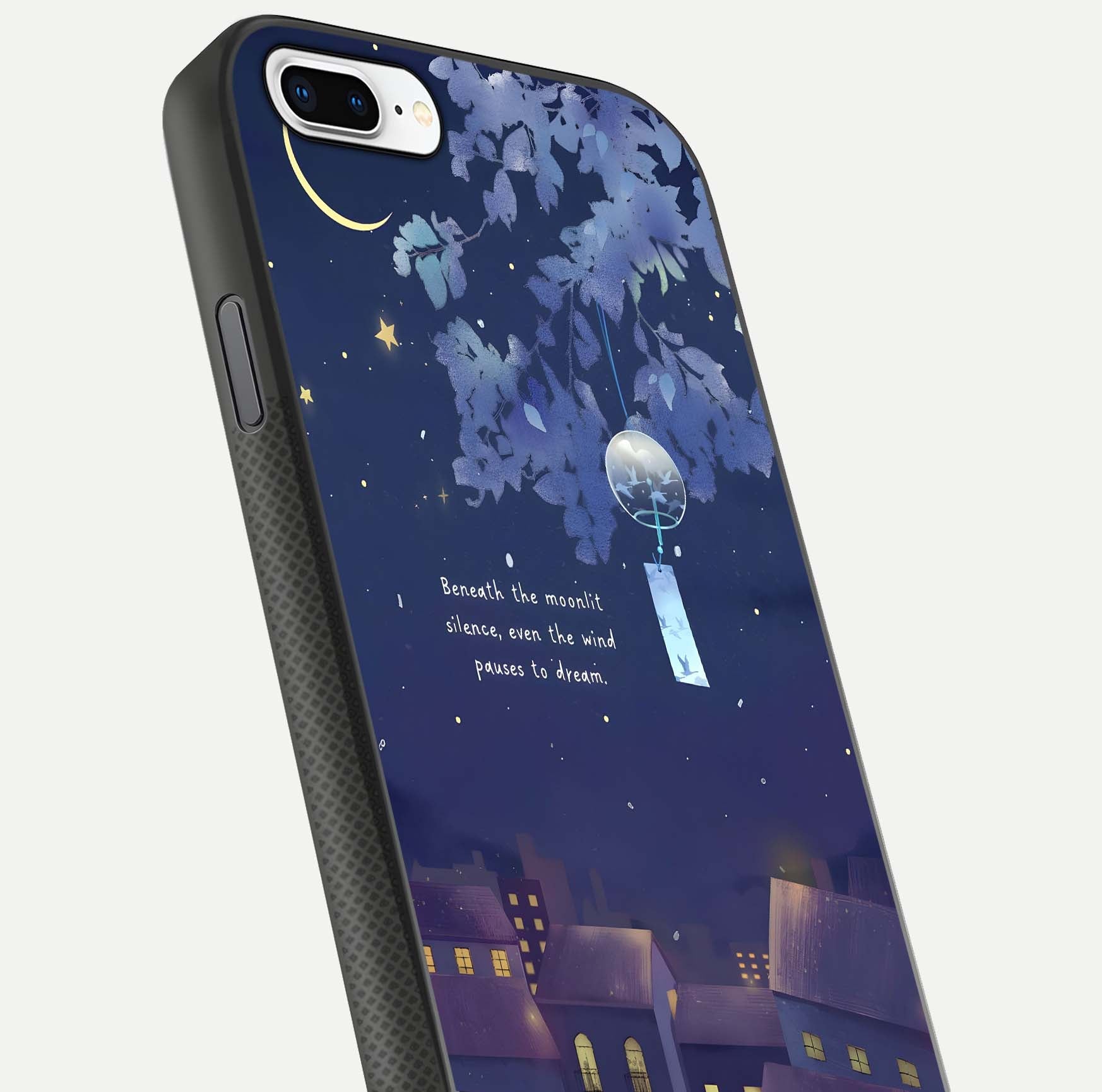 Moonlit Cat Silence Glass Case for iPhone 7 Plus close-up angled shot showing soft glow and reflection texture