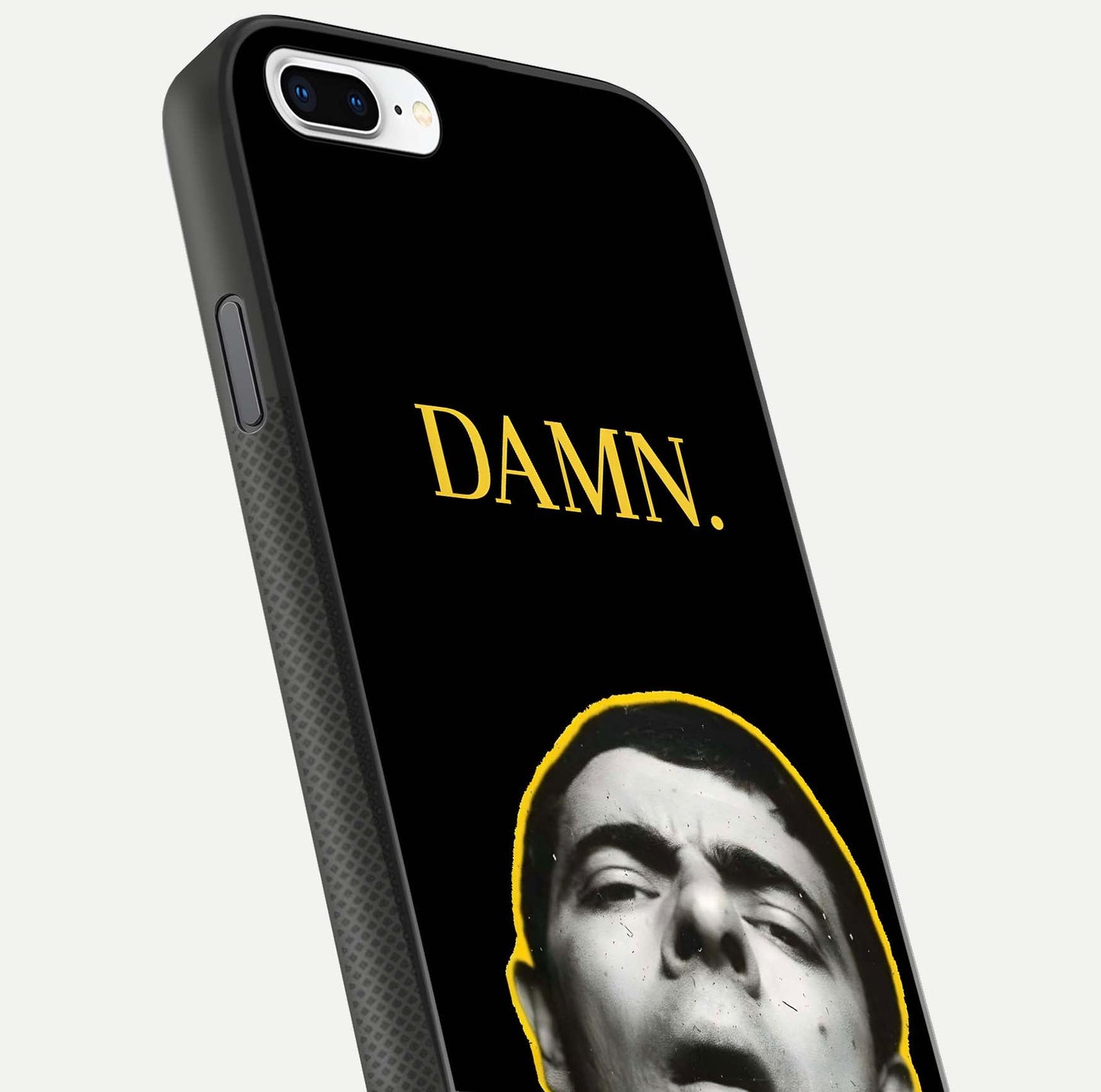 Mr Bean Damn Glass Case for iPhone 7 Plus close-up angled shot highlighting comic expression and shine detail