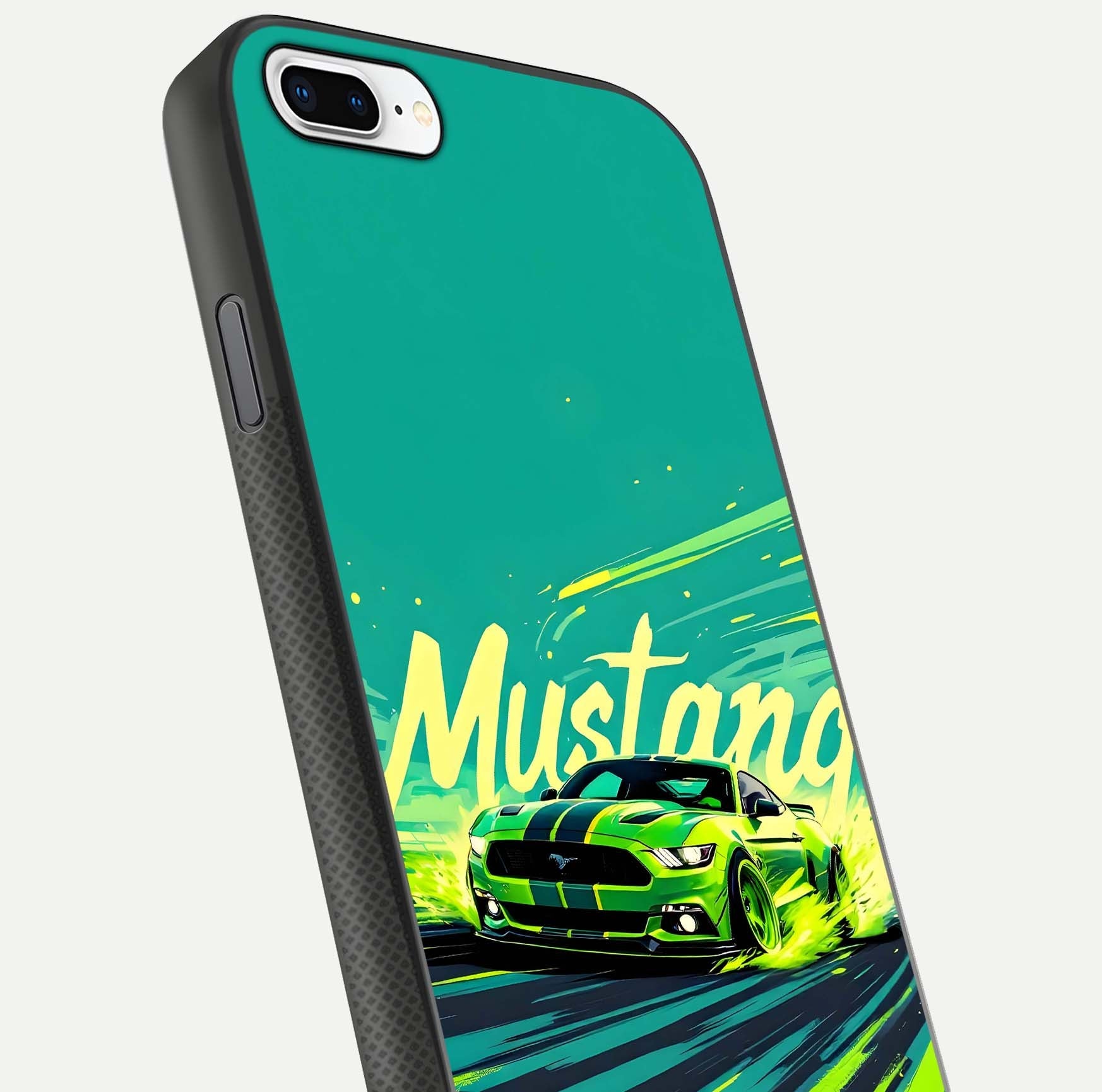 Mustang Bang Glass Case for iPhone 7 Plus close-up angled shot showing car emblem and HD reflection