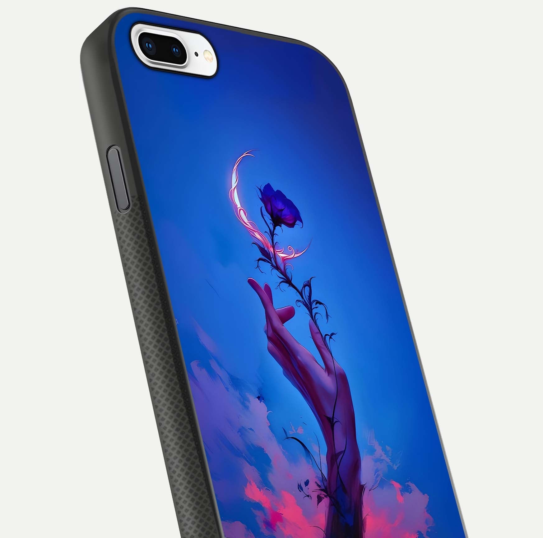 Mystic Hand Glass Case for iPhone 7 Plus close-up angled shot showing spiritual markings and reflection
