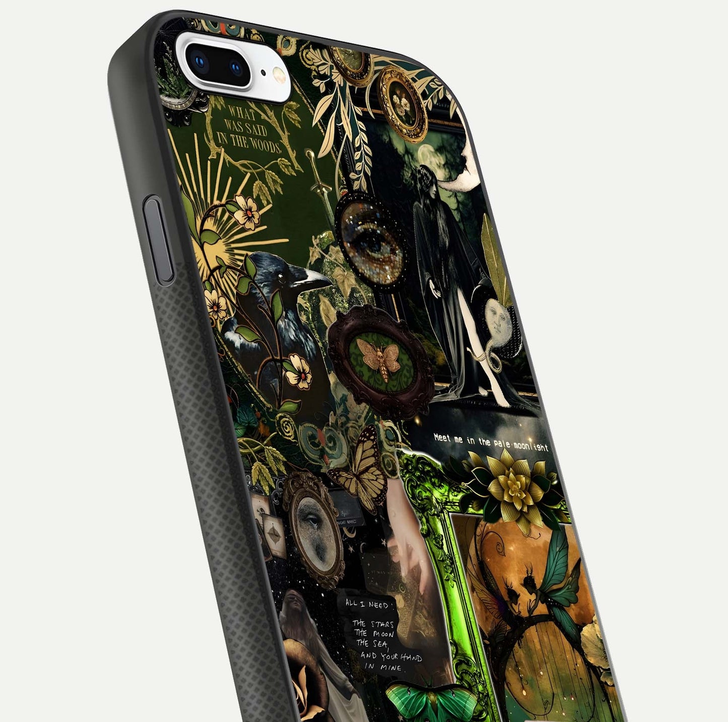 Mystic Woods Secret Glass Case for iPhone 7 Plus close-up angled shot highlighting tree texture and reflection