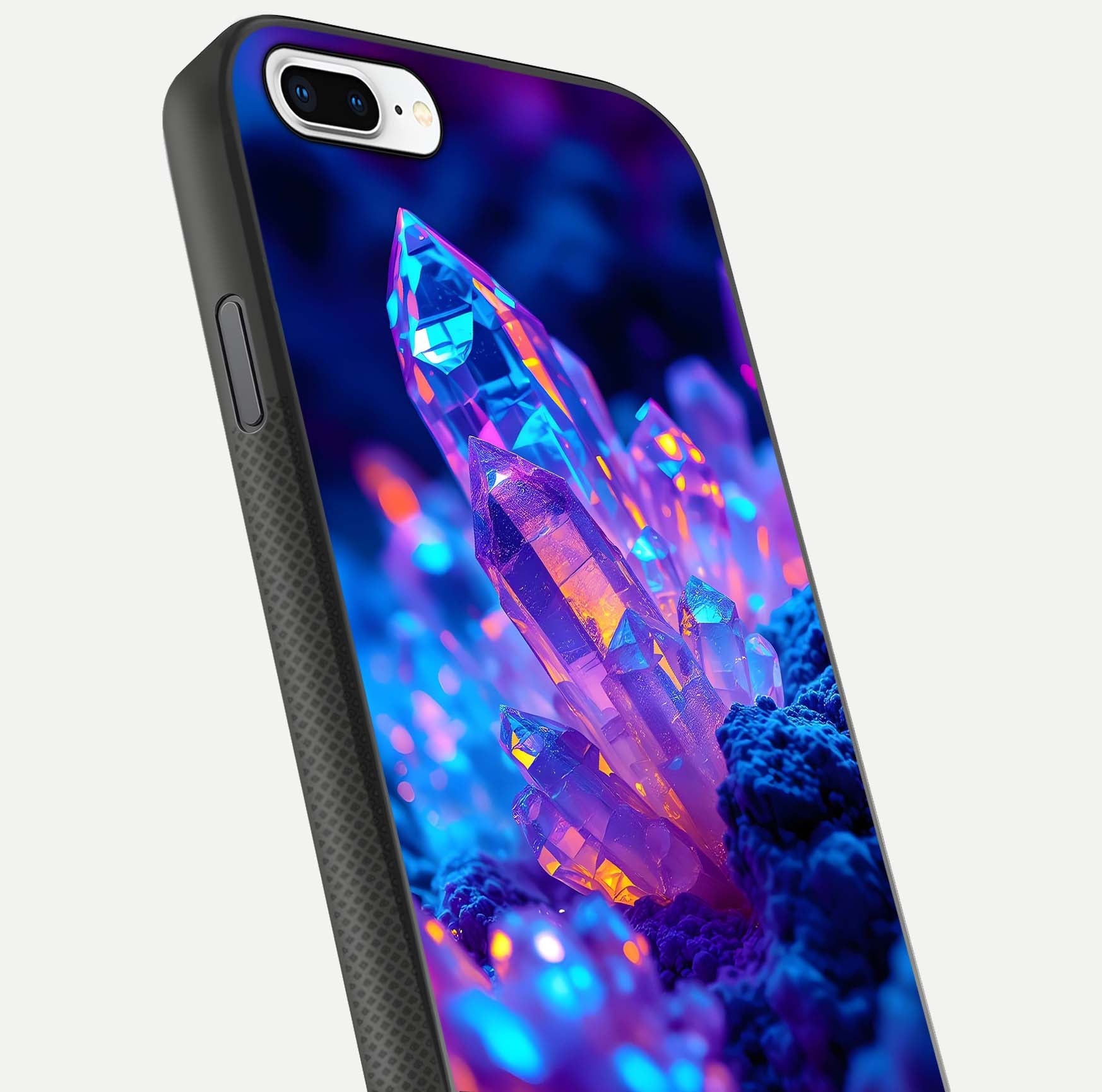 Neon Aura Shards Glass Case for iPhone 7 Plus close-up angled shot highlighting fragment pattern and reflection