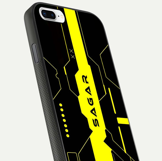 Neon CYBERPUNK Custom Name Glass Case for iPhone 7 Plus close-up angled shot highlighting electric colors and reflection