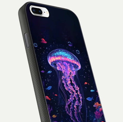 Neon Jellyfish Glass Case for iPhone 7 Plus close-up angled shot showing translucent jellyfish and shine reflection