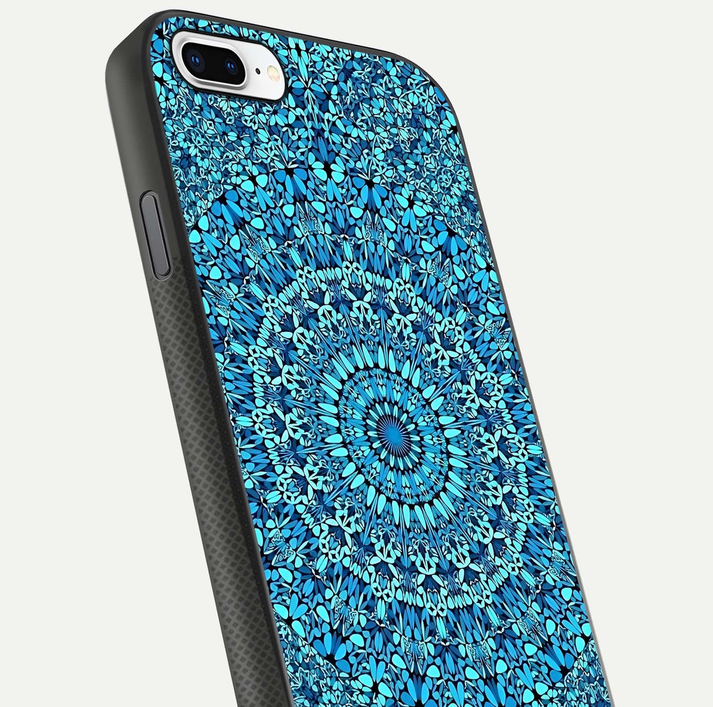 Ocean Bloom Mandala Glass Case for iPhone 7 Plus close-up angled shot highlighting detailed mandala and reflection