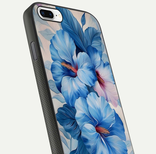 Ocean Hibiscus Grace Glass Case for iPhone 7 Plus close-up angled shot highlighting floral glow and HD shine