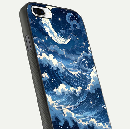 Ocean Moon Waves Glass Case for iPhone 7 Plus close-up angled shot showing HD reflection and calm tones