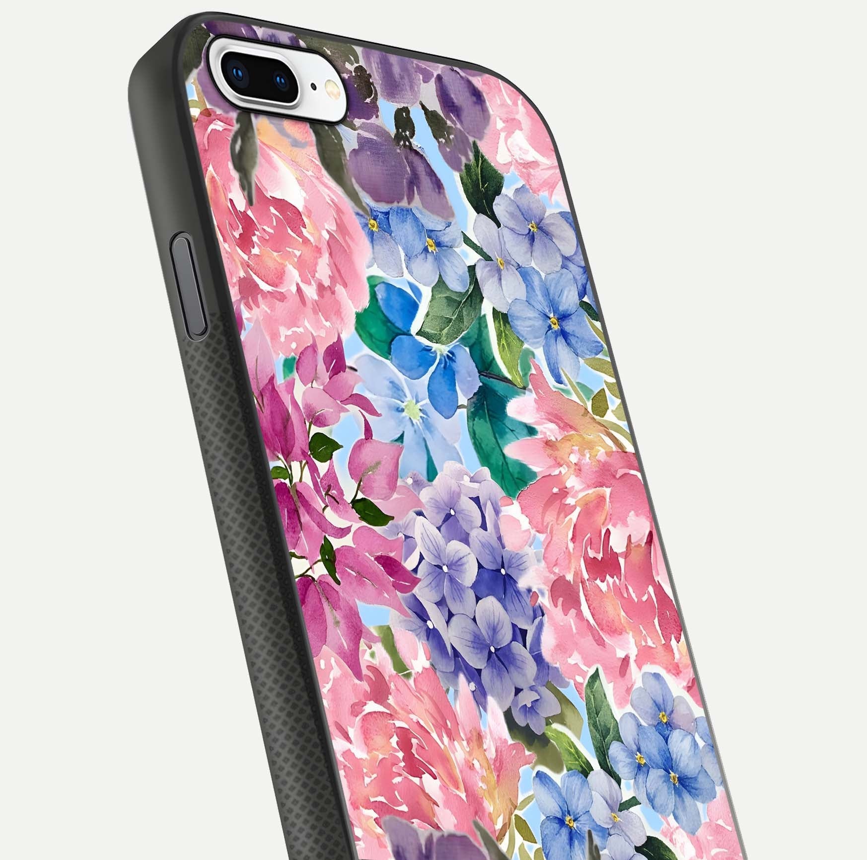 Pastel Floral Mix Glass Case for iPhone 7 Plus close-up angled shot highlighting flower detail and reflection