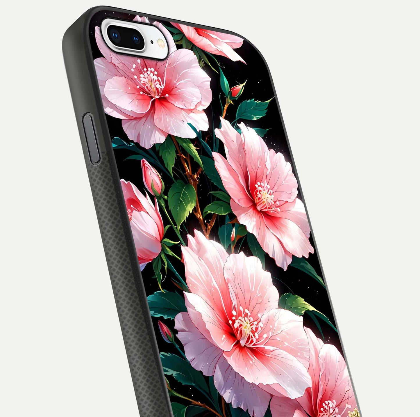 Peach Flower Glass Case for iPhone 7 Plus close-up angled shot highlighting floral petals and HD glass reflection
