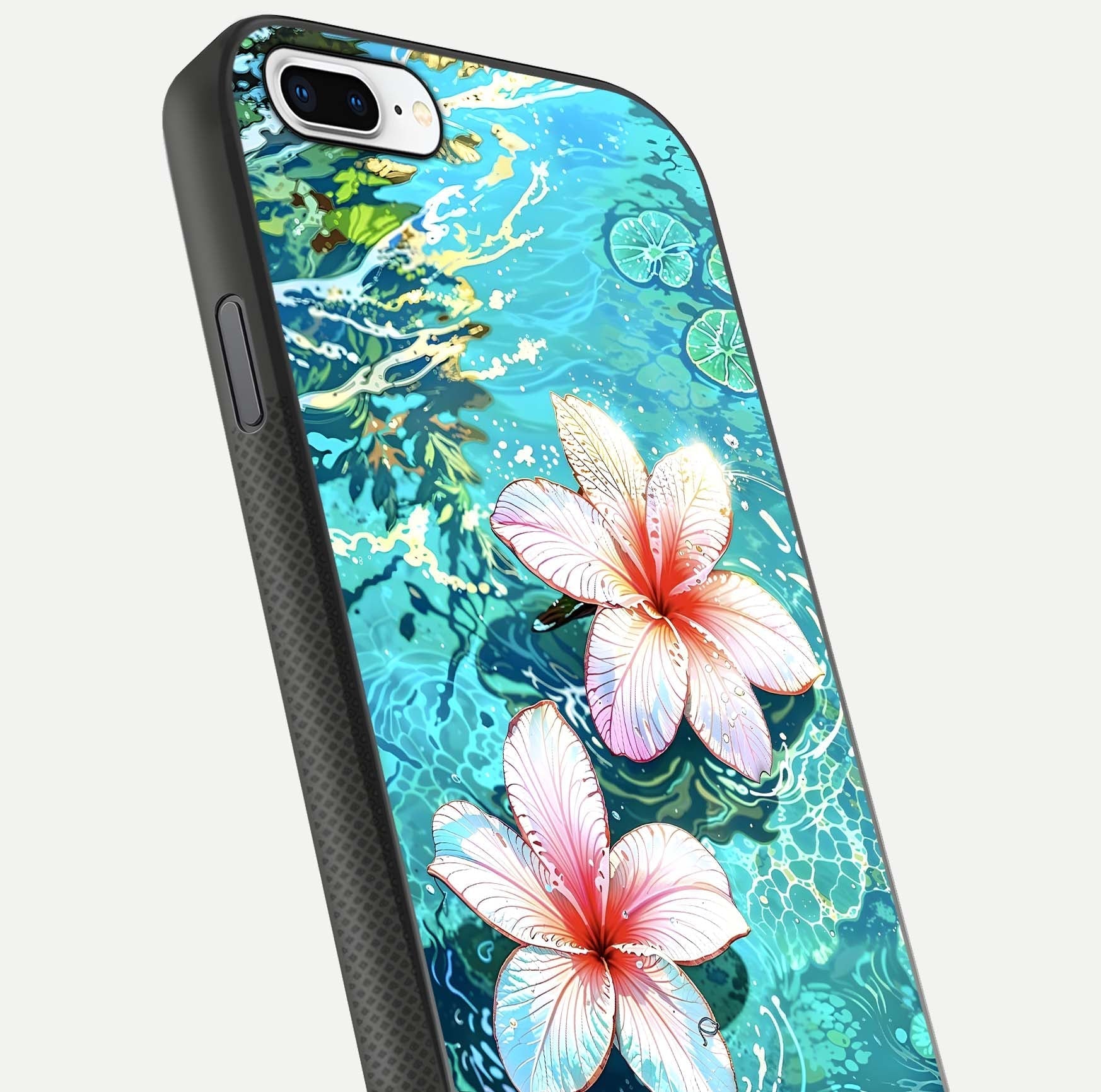 Pink Flowers in Water Glass Case for iPhone 7 Plus close-up angled shot highlighting water ripple and reflection