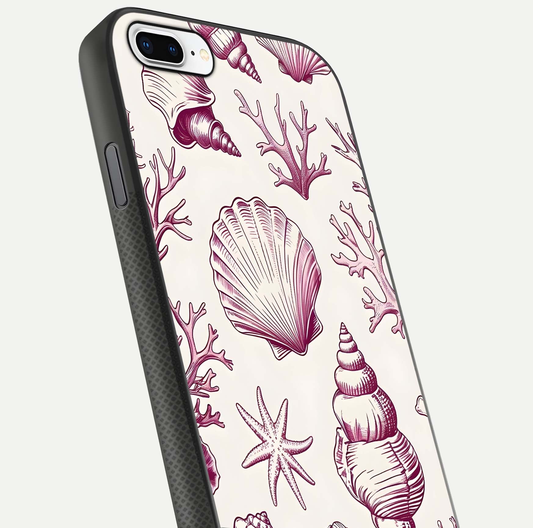 Pink Shells Outline Glass Case for iPhone 7 Plus close-up angled shot showing fine shell lines and reflection
