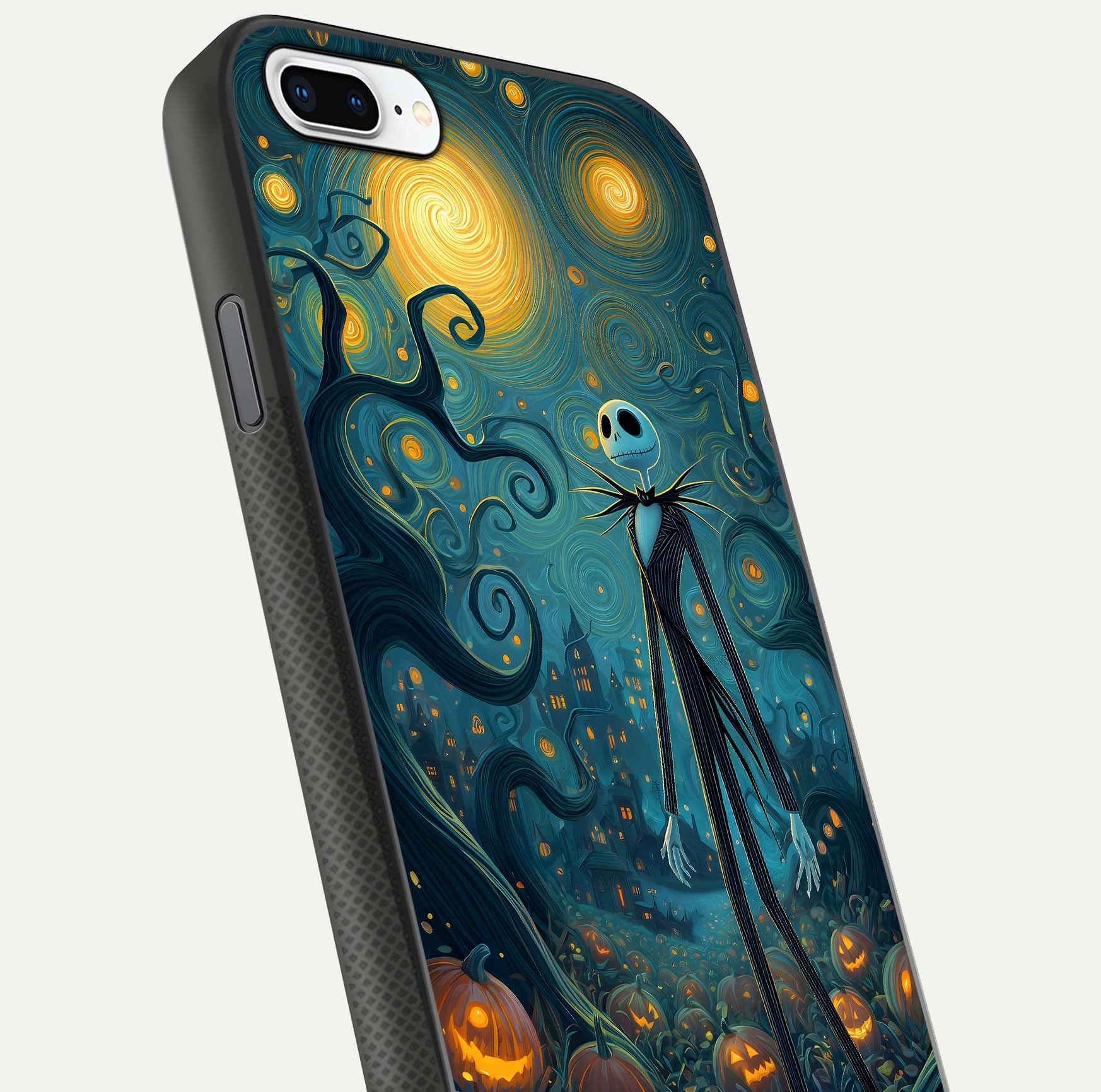 Pumpkin Moonlight Tale Glass Case for iPhone 7 Plus close-up angled shot highlighting reflection and vibrant glow