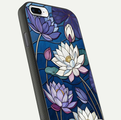 Purple Lotus Stained Glass Case for iPhone 7 Plus close-up angled shot highlighting glass pattern and reflection