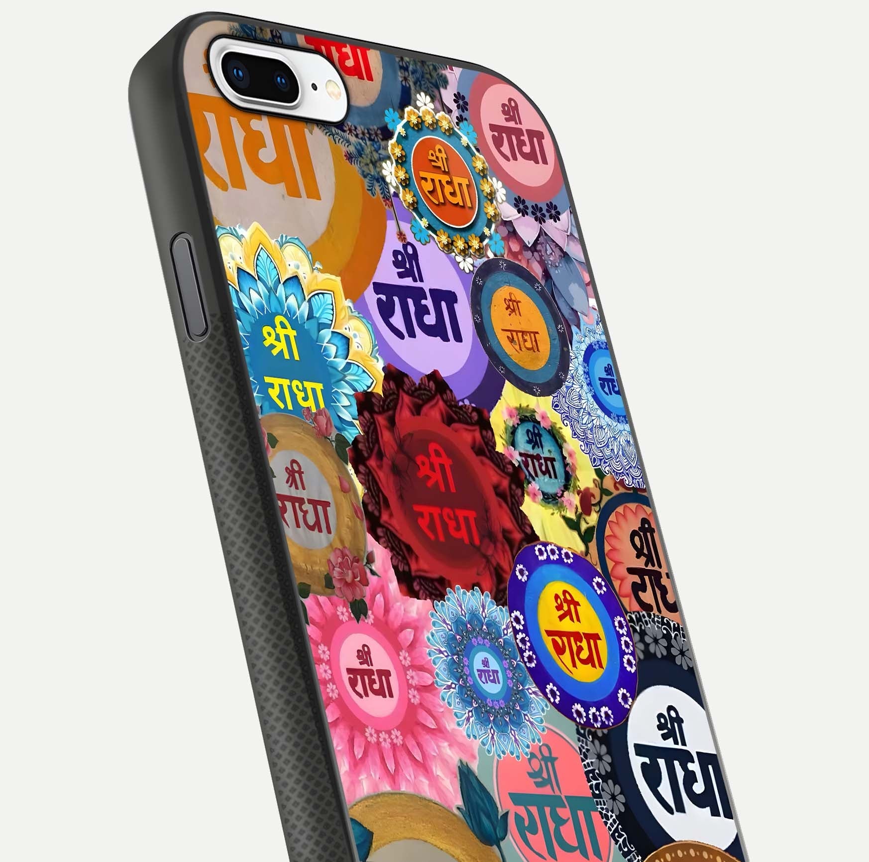 Radha Divine Bloom Glass Case for iPhone 7 Plus close-up angled shot highlighting divine detailing and shine