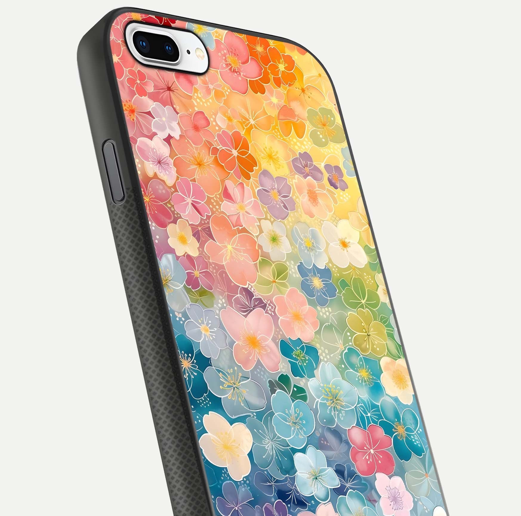 Rainbow Blossom Burst Glass Case for iPhone 7 Plus close-up angled shot showing petal colors and reflection