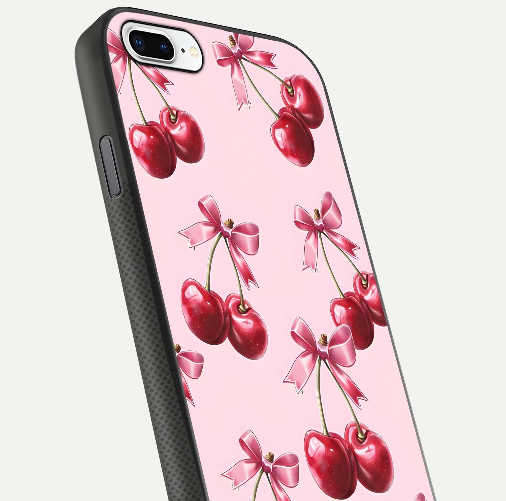 Red Cherries Pattern Glass Case for iPhone 7 Plus close-up angled shot showing cherry details and HD reflection