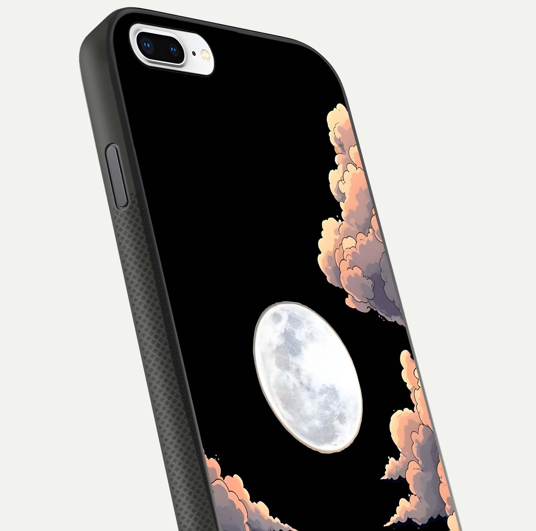 Shade Cloud Moon Glass Case for iPhone 7 Plus close-up angled shot highlighting moon reflection and depth