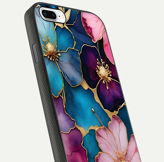 Sparkle Floral Glass Case for iPhone 7 Plus close-up angled shot highlighting shimmer details and reflection