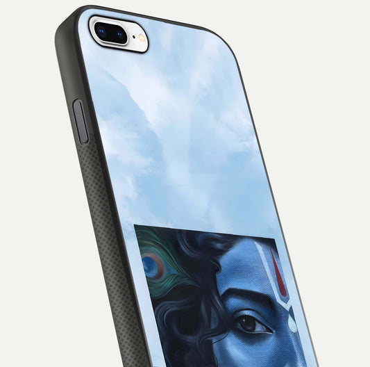 Spiritual Krishna Glass Case for iPhone 16 Pro close-up angled shot showing HD print, color tone, and reflection