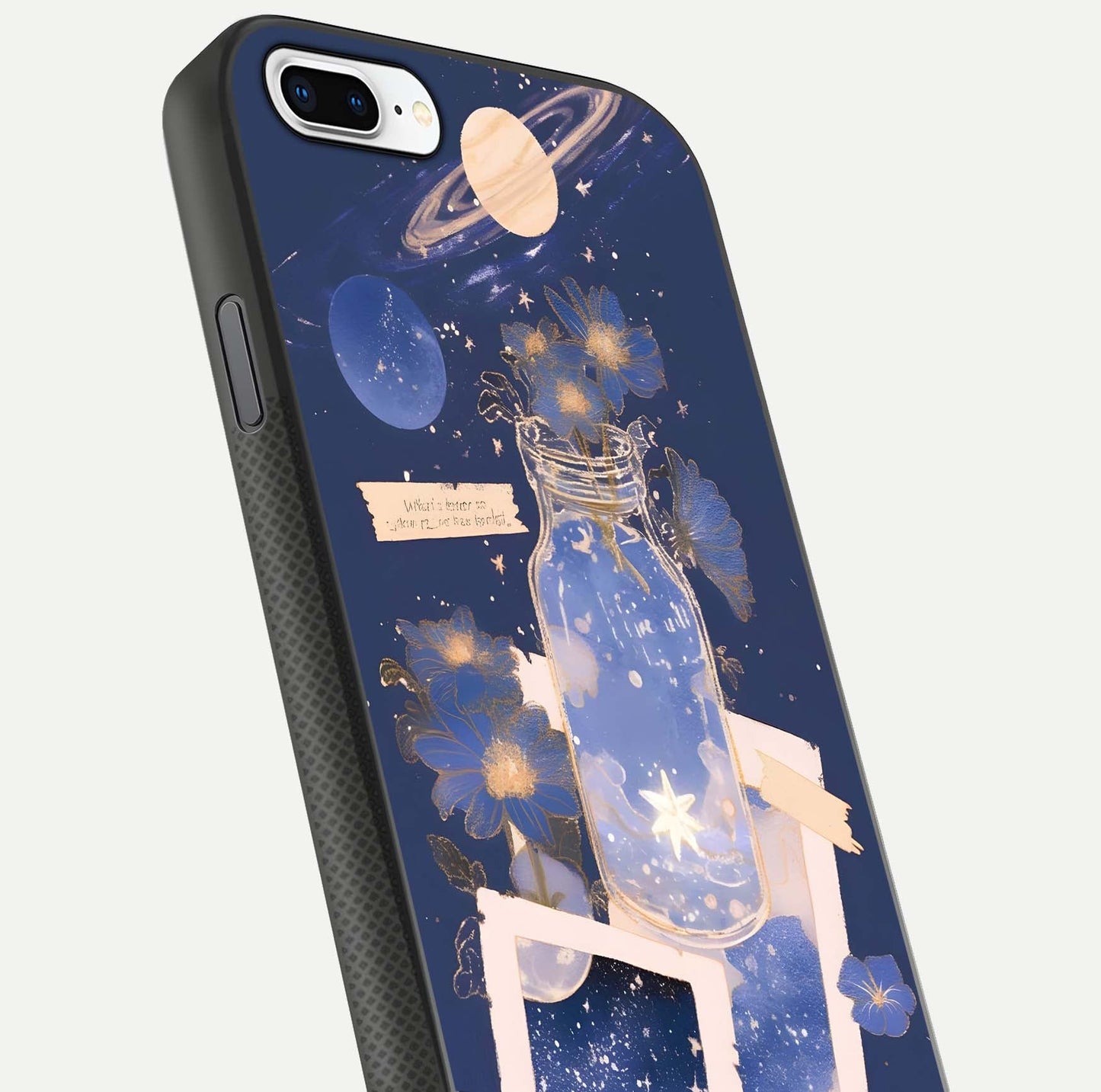 Starlit Cosmic Jar Glass Case for iPhone 7 Plus close-up angled shot highlighting stars, reflections, and HD shine
