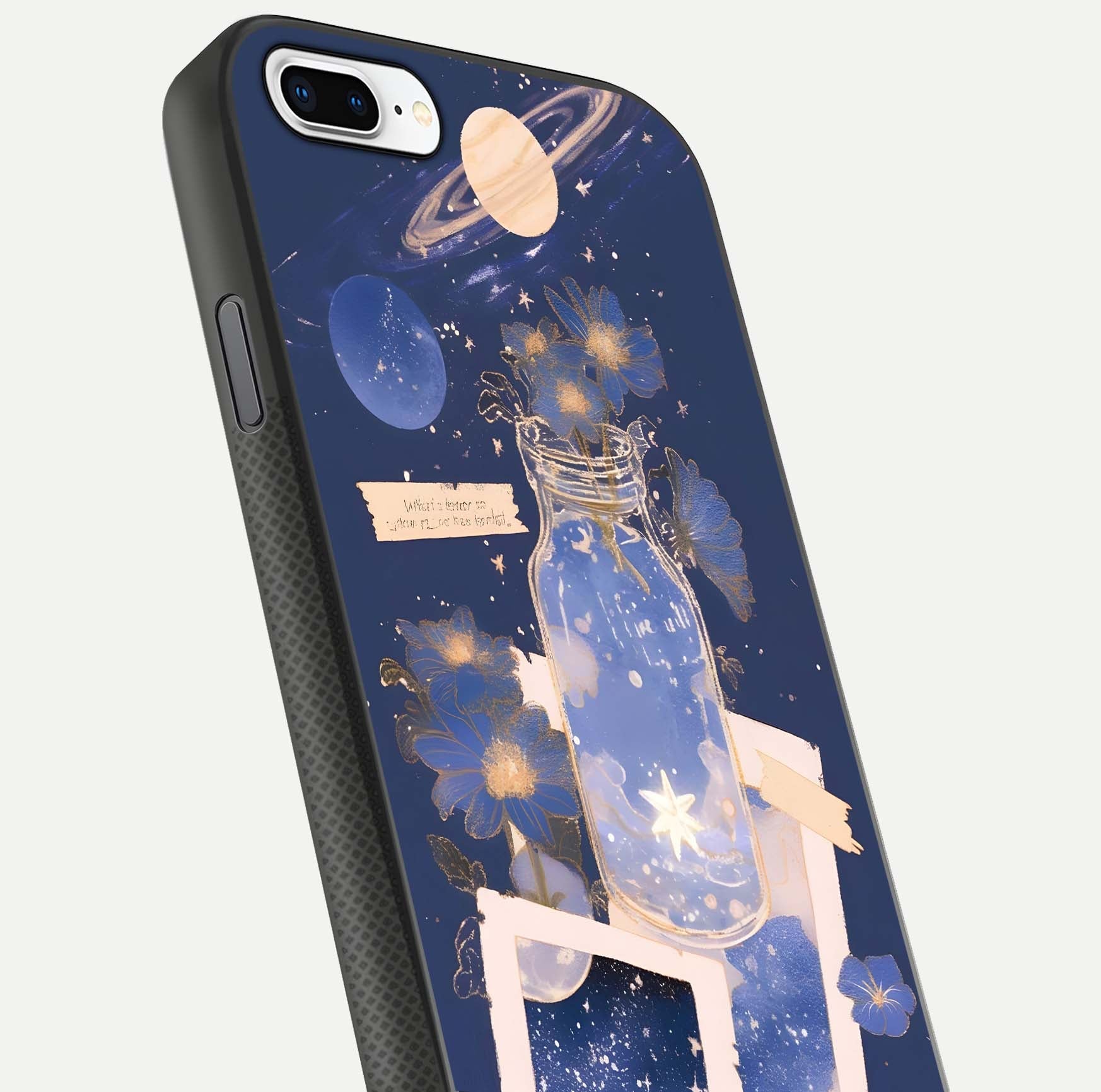 Starlit Cosmic Jar Glass Case for iPhone 7 Plus close-up angled shot highlighting stars, reflections, and HD shine