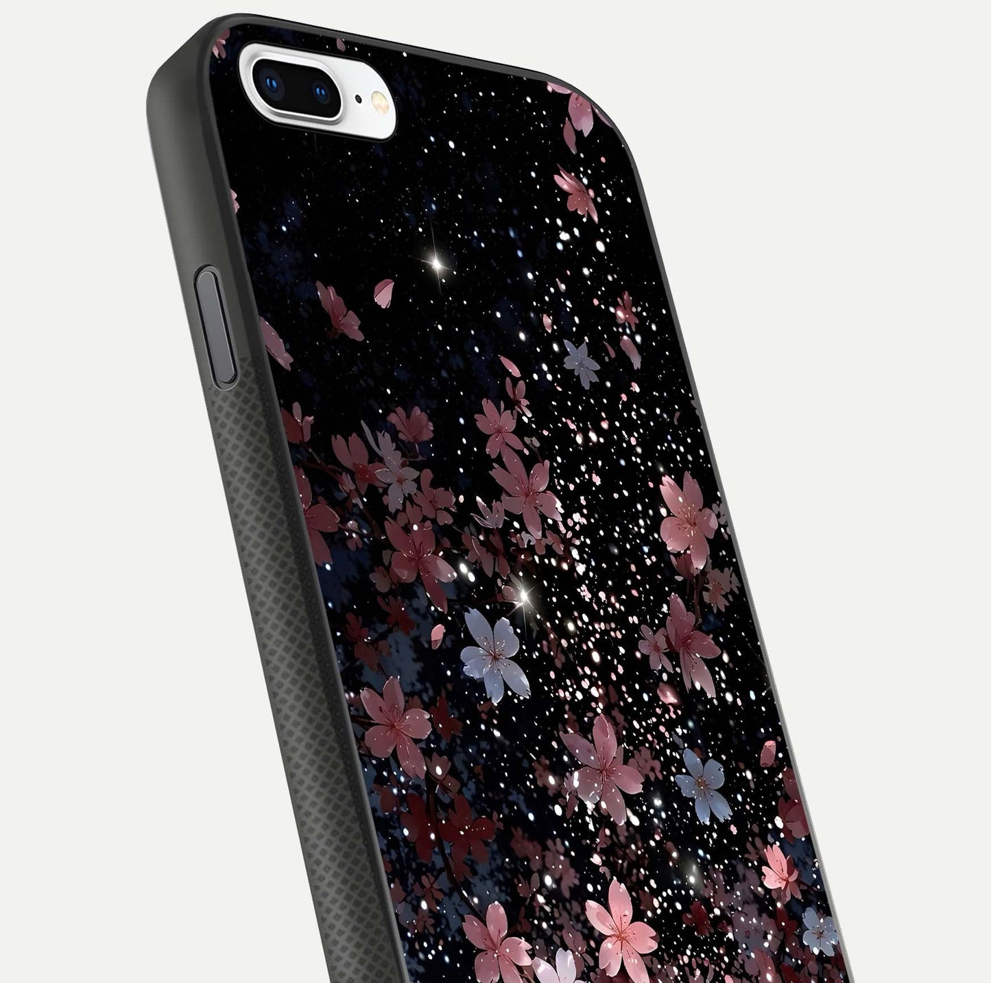 Starlit Flower Dreams Glass Case for iPhone 7 Plus close-up angled shot highlighting petal reflection and HD depth