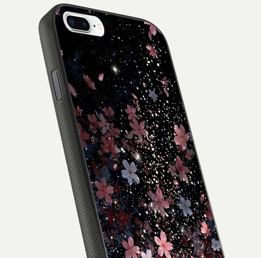Starlit Flower Dreams Glass Case for iPhone 7 Plus close-up angled shot highlighting petal reflection and HD depth
