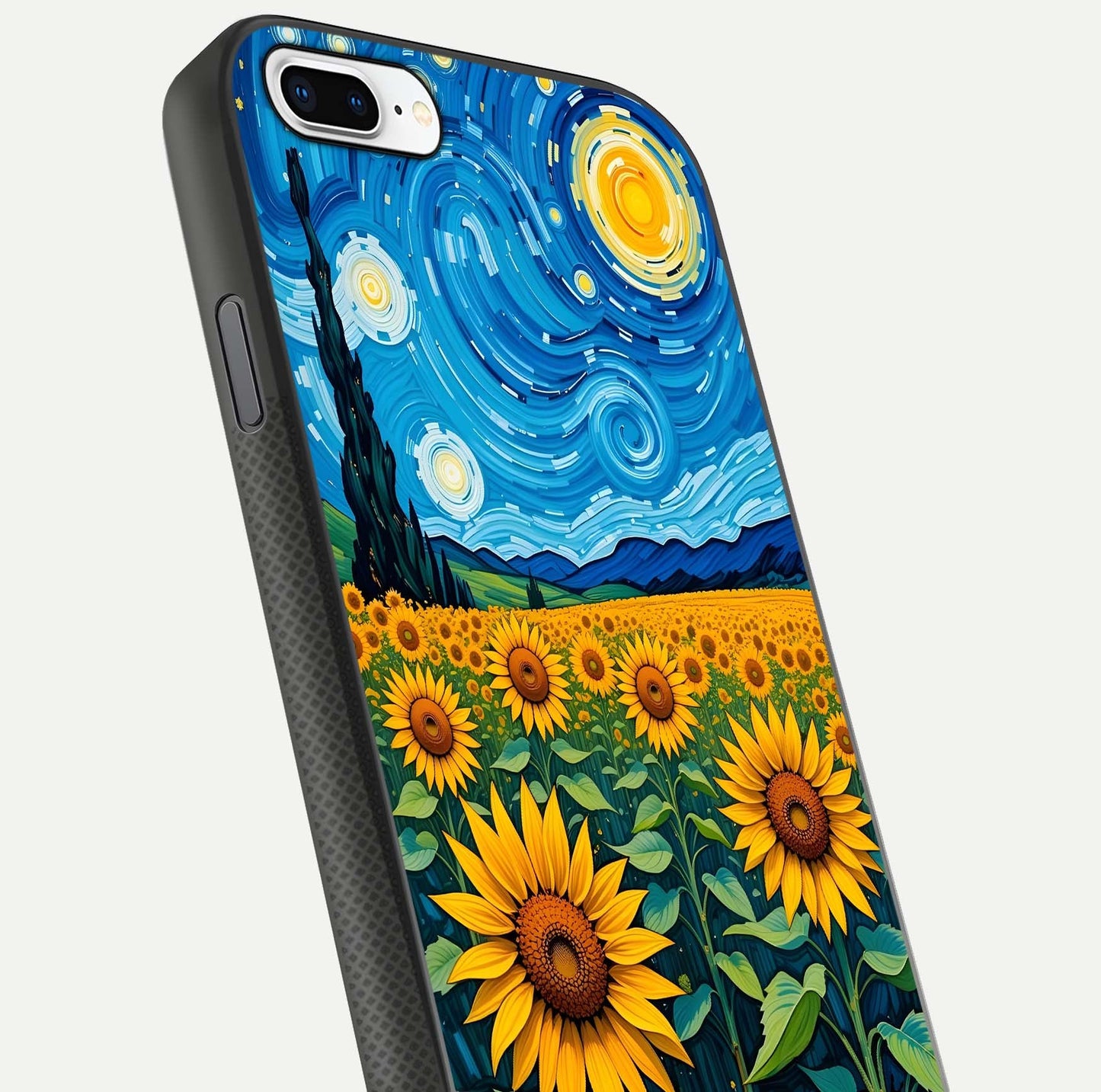 Starry Sunflower Dreams Glass Case for iPhone 7 Plus close-up angled shot highlighting petal texture and gloss
