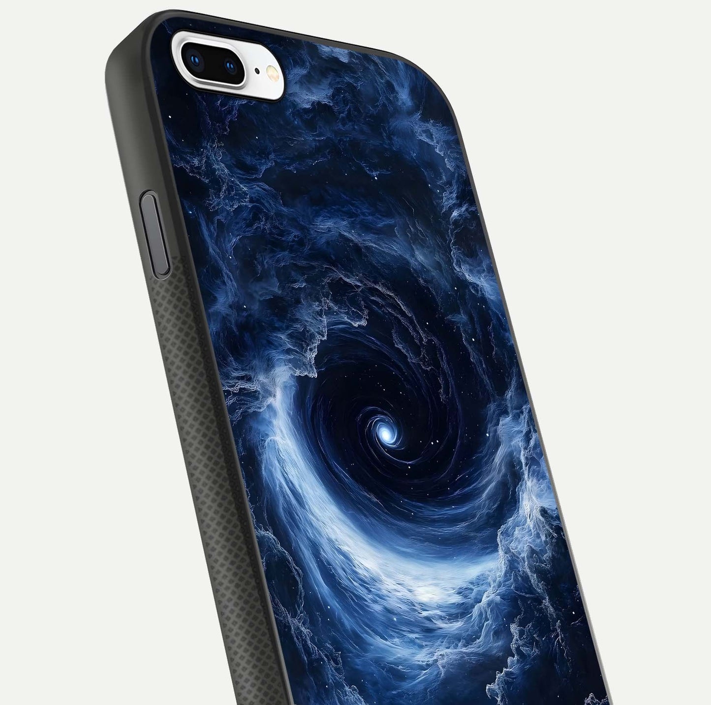 Stunning Galaxy Glass Case for iPhone 7 Plus close-up angled shot highlighting nebula tones and HD reflection