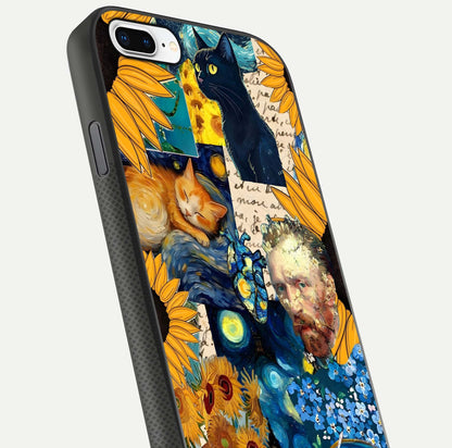 Sunflower Cat Art Glass Case for iPhone 7 Plus close-up angled shot highlighting yellow tones and art reflection