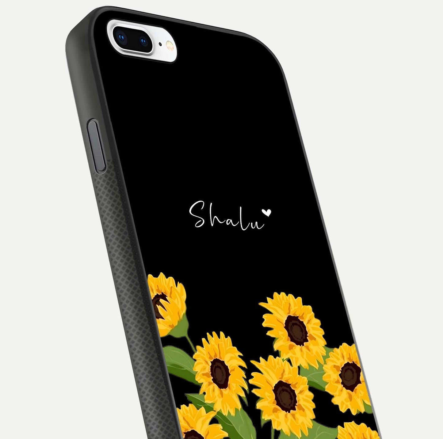 Sunflower Chic Mood Custom Name Glass Case for iPhone 16 Pro close-up angled shot showing HD sunflower pattern
