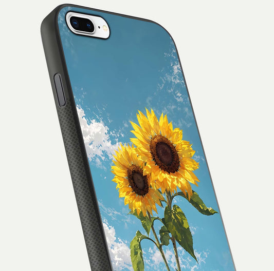 Sunflower Sky Bloom Glass Case for iPhone 7 Plus close-up angled shot highlighting petal details and reflection