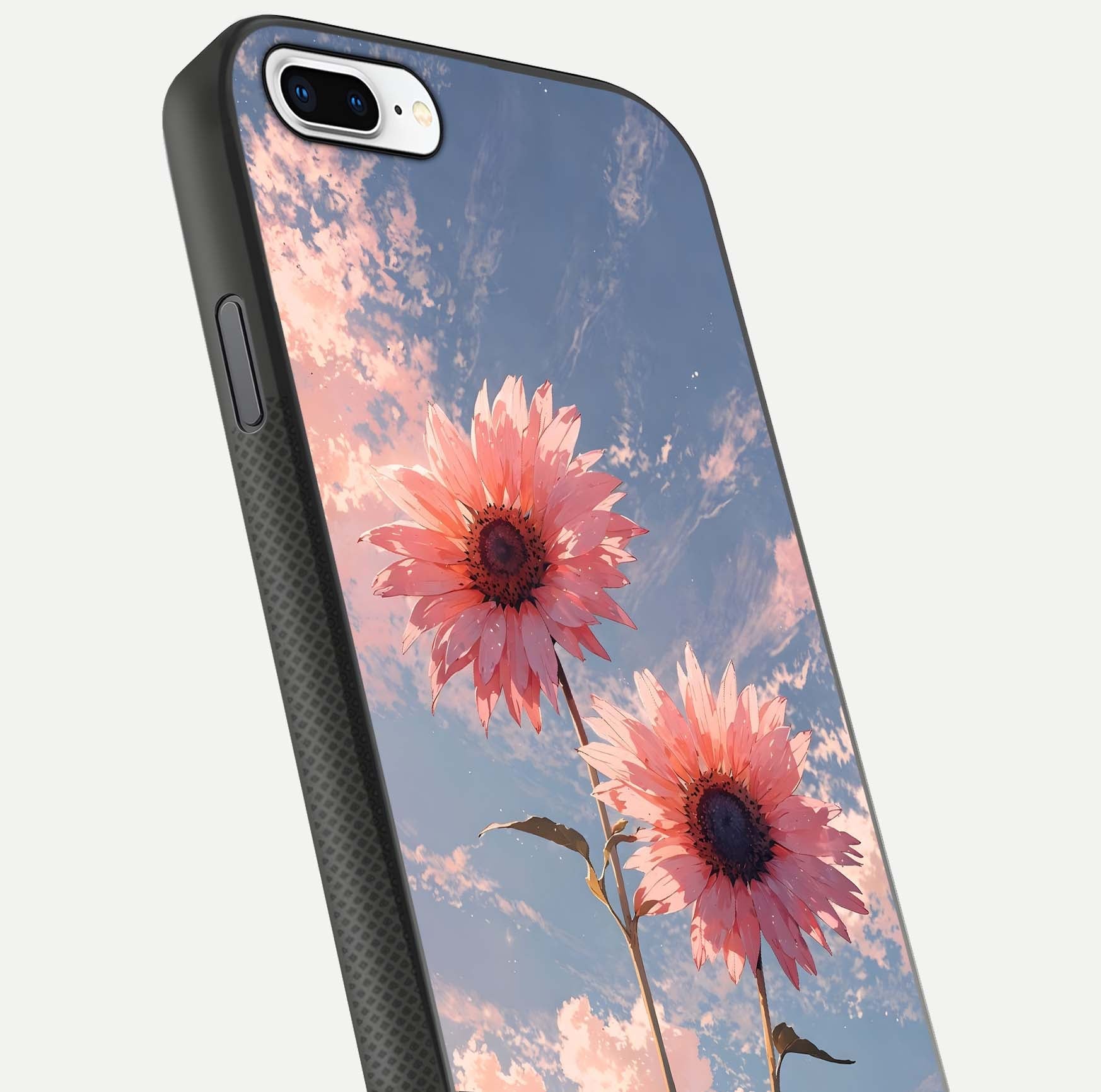 Sunlit Daisy Glow Glass Case for iPhone 7 Plus close-up angled shot highlighting petal texture and reflection