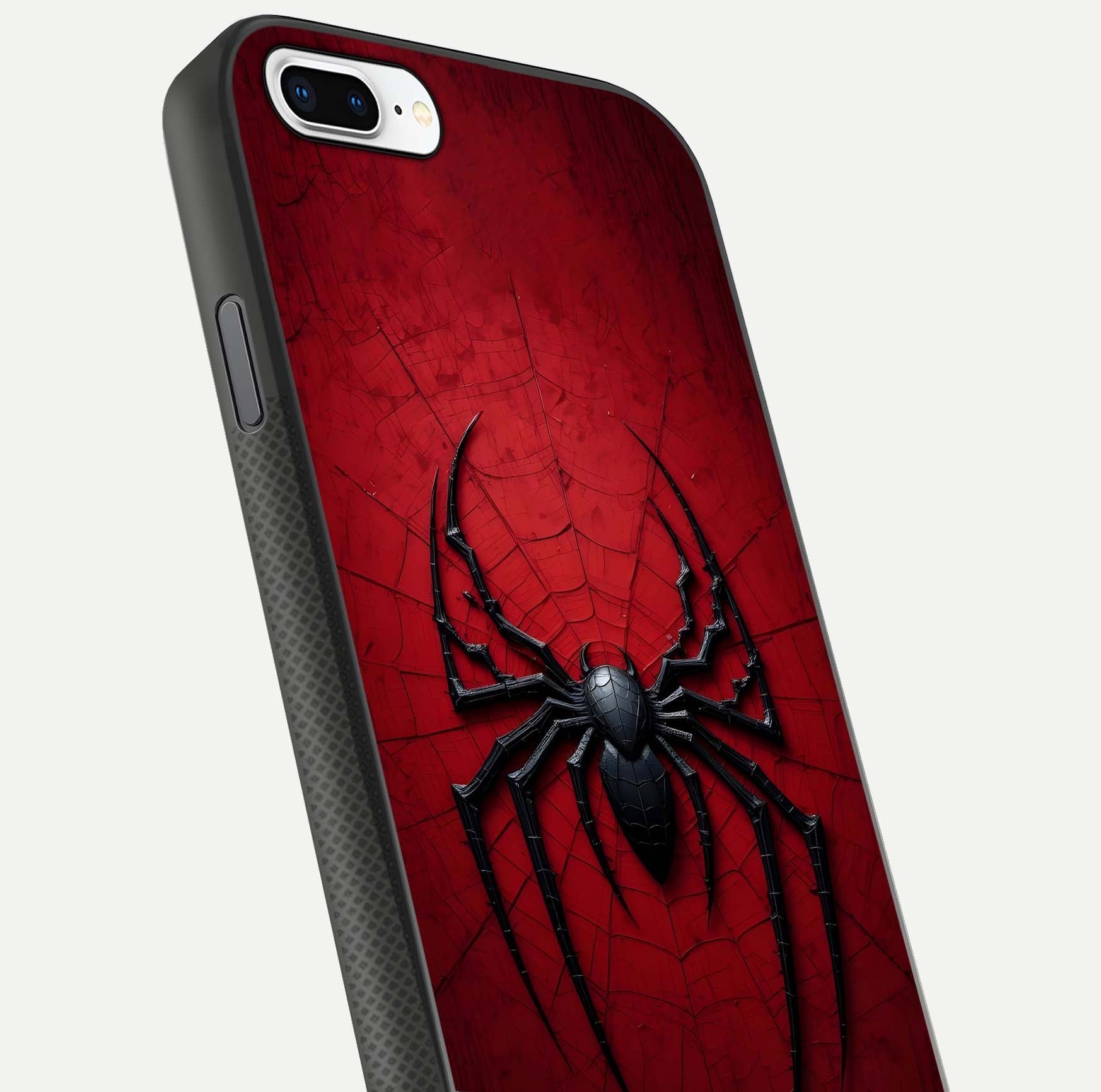 Venom Web Emblem Glass Case for iPhone 7 Plus close-up angled shot highlighting sharp logo lines and reflection