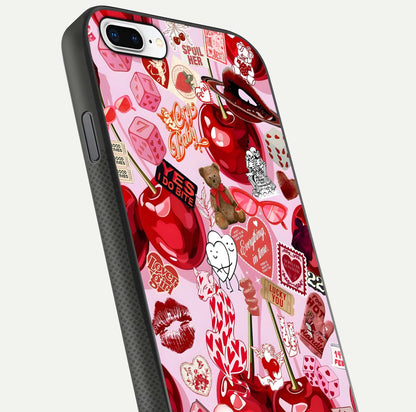 Sweet Cherry Chaos Glass Case for iPhone 7 Plus close-up angled shot highlighting red tone contrast and reflection