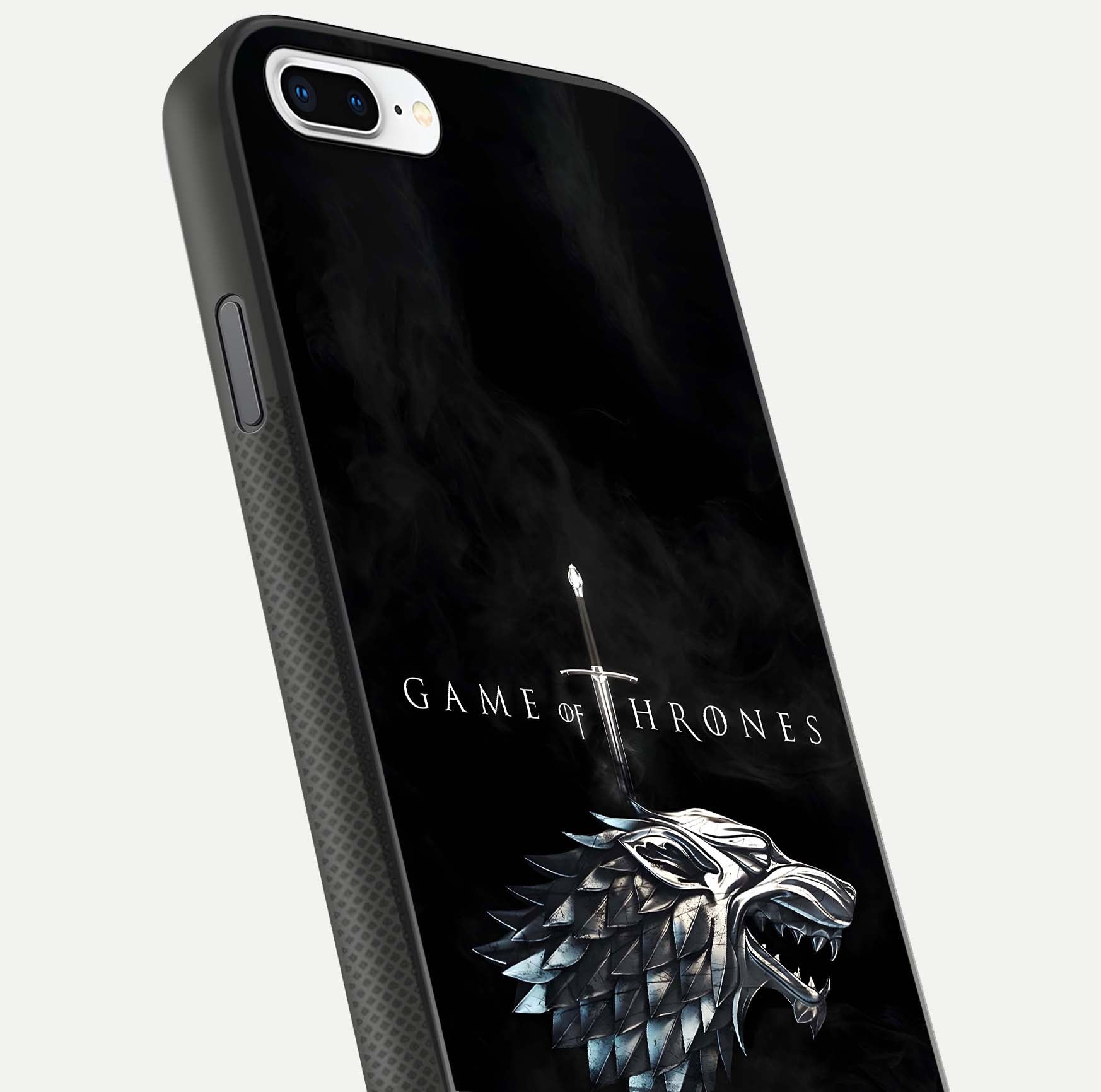 Throne Wolf Legacy Glass Case for iPhone 7 Plus close-up angled shot highlighting fur texture and reflection