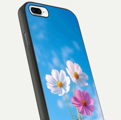 Triple Flowers With Sky Glass Case for iPhone 7 Plus close-up angled shot highlighting petal and reflection details