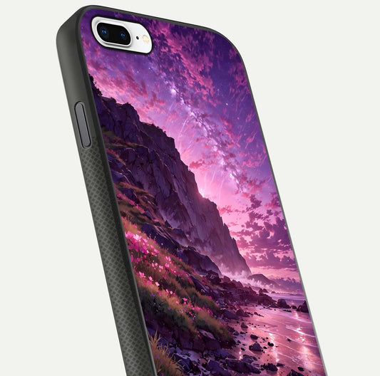 Twilight Blossom Coast Glass Case for iPhone 7 Plus close-up angled shot highlighting gradient sky and reflection