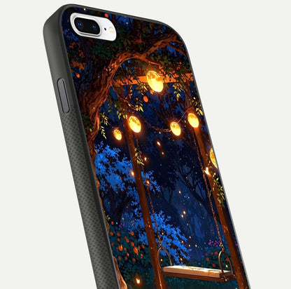 Twilight Garden Swing Glass Case for iPhone 7 Plus close-up angled shot highlighting floral tones and reflection