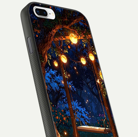 Twilight Garden Swing Glass Case for iPhone 7 Plus close-up angled shot highlighting floral tones and reflection
